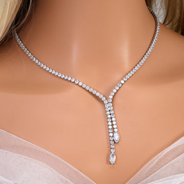 CZ Dainty Crystal Empress Necklace and Earrings Set, Long Bridal Earrings And Necklace, Statement Earrings Cz Necklace Set.